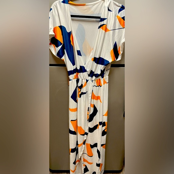 Blue & Gold Geometric Floor Length Dress w/ High Front Slit - Picture 1 of 4